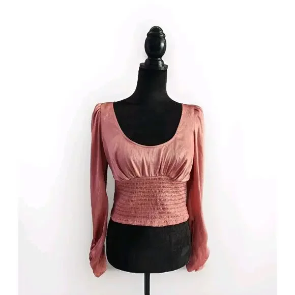 Free People Santiago blouse in Pink Cinnamon long sleeve satin top Size Medium - Picture 3 of 10
